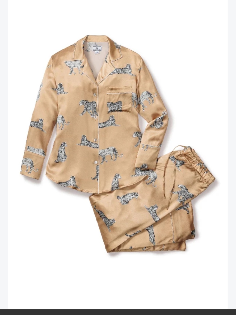 Petite Plume Gold Silk Leopard print Long-Sleeve Pajama Set. Size S.